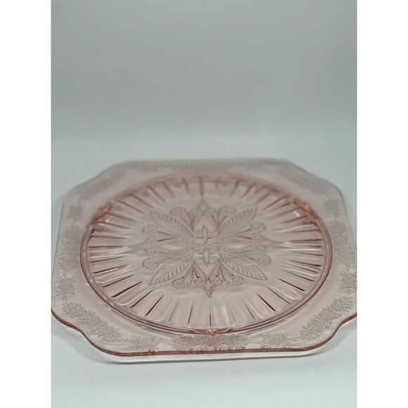 VTG Jeannette Glass Co. Adam Pink Footed Cake Plate Depression Floral Etching - Picture 5 of 9